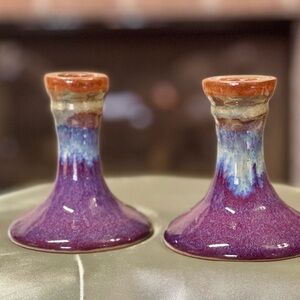 Studio Pottery Purple Blue Glazed Ceramic candle holders, set of 2